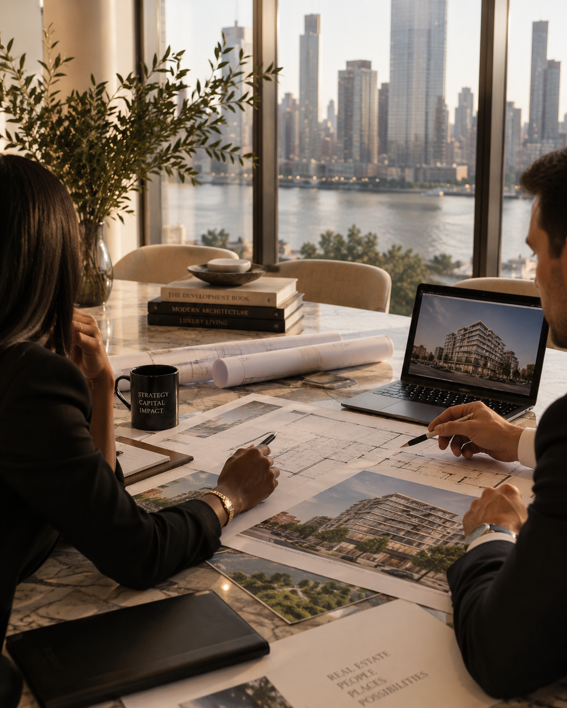 Reviewing renderings and plans